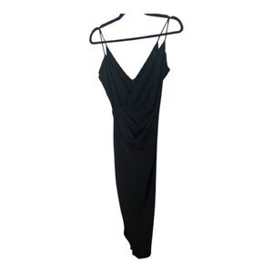 Donna Mizani Chic side drape Faux Wrap Black Slip Midi Dress